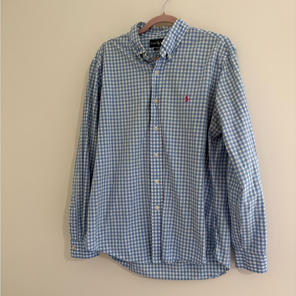 Ralph Lauren Men's Blue and White Gingham Shirt